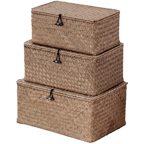 Nonam Seagrass Storage Baskets with Lid Set of 3,Wicker Basket Storage Bin for Shelves,Rectangular,Boho Decor,Handwoven Shelf Basket for Organizing-Storage Container Box for Home Organization-Coffee - color: Coffee* Set of 3