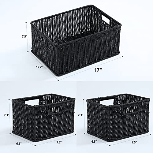 HOONEX Large Wicker Baskets for Storage, Woven Plastic With Dual Handles, Set of 3, Black - color: Black, size: 17"D x 12.2"W x 7.5"H