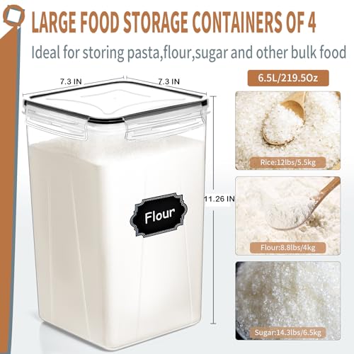 PRAKI Extra Large Tall Airtight Food Storage Containers 6.5L / 220oz, BPA Free, 4pcs Pantry Kitchen Organizers and Storage for Flour, Sugar, Plastic Flour Container with 20 Labels & Maker - size: 6.5 l