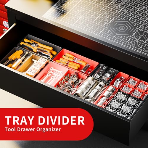 [5 Sizes] [69 PCS] Tool Drawer Organizer, Desk Tray, Rolling Chest, Toolbox (Black+Red) - color: Black+Red