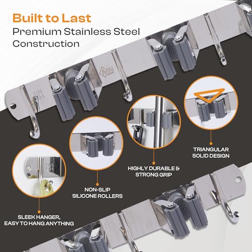 Heavy-Duty Stainless-Steel Broom Holder Wall Mount with 4 Racks and 5 Hooks | Rust Resistant Mop and Broom Hanger | Adjustable, Garage & Garden Tool Organizer | Silver Color - size: 4 Racks & 5 Hooks