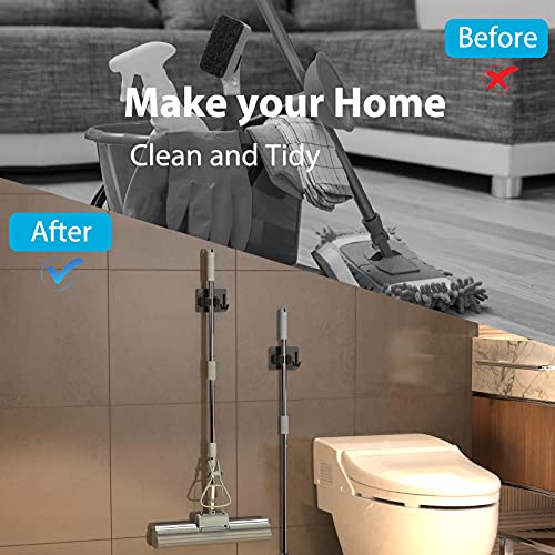 homeasy Mop Broom Holder No Drill, Mop Broom Organizer Wall Mounted Heavy Duty with Hooks Hanger, Self Adhesive Stainless Steel 4Pcs for Bathroom, Kitchen, Office (Black) - color: Black
