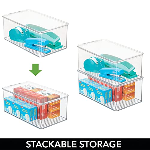 mDesign Plastic Stackable Home Office Storage Organizer Box with Hinge Lid - Holder Container Bin for Note Pads, Gel Pens, Staples, Dry Erase Markers, Tape, Supplies - Lumiere Collection - Clear - size: 12.75 x 7.25 x 5 (Pack of 1)