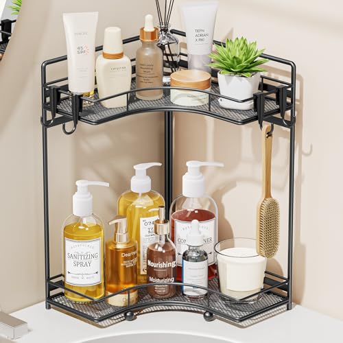 VITVITI 2-Tier Corner Bathroom Counter Organizer, Bathroom Countertop Organizer Storage for Sink, Metal Mesh Makeup Organizer for Vanity Countertop Kitchen with Hooks, Black - color: Black