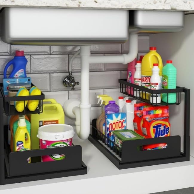 INNOVATIVE LIFE Under Sink Organizer, 2 Pack 2 Tier Under Sink Organizers and Storage, Slide Out Pull Out Cabinet Organizer Shelf, Metal Sliding Drawer for Kitchen， Bathroom，Black - size: Black (2 Pack)