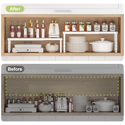 RUILALIFE Expandable Cabinet Organizer Shelf With Adjustable Height, Stackable Kitchen Countertop Organizer Rack, Adjustable Shelf Riser For Kitchen Counter, Pantry, Cupboard, Desk, Tabletop - color: White-2 Pack