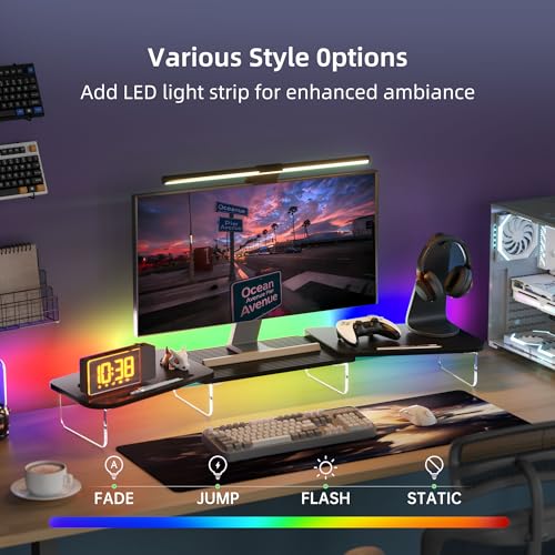 AFOOYO LED Dual Monitor Stand Riser for 2 Monitors,Office Desktop Wooden Stand Adjustable Length and Angle 3 Shelf,Extra Long Multifunctional Stand up to 39.3" for Computer,Laptop,TV,Black - color: Black, size: MIDDLE SLOT