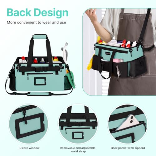 JKAOO Large Wearable Cleaning Caddy Bags, Cleaning Supplies Storage Bag with Handles and Adjustable Shoulder Strap and Removable Waist Straps,Waterproof Cleaning Tote for Home,Car,Office - color: Blue-Green