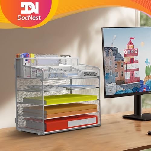 Docnest 5 Tier Mesh Desk Organizer for Paper Office Supplies – Multi-Functional Letter Tray with 5 Adjustable Compartments, 3 Pen Holders, Desktop Storage for Files, Mail, Stationery – White - color: White, size: 12.7" x 9.1" x 13.2"