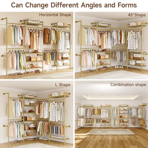 ONBRILL H4 Wall Mounted Closet System, Expandable Industrial Pipe Clothes Rack Clothing Rack for Hanging Clothes, Heavy Duty Closet Organizers and Storage in Wardrobe Closet - Gold - color: Gold