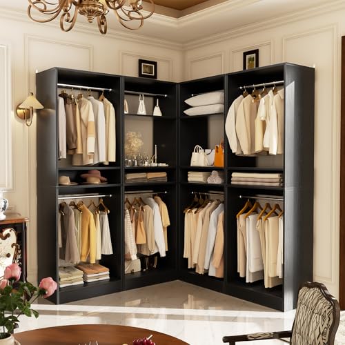 Unikito 100 Inch Large Closet System, 8.3FT Wood Closet Organizer Kit with 8 Hanging Rods, Adjustable Walk in Wardrobe Closet Tower, Sturdy Luxury Clothes Garment Rack, Easy Assembly, Set of 4, Black - color: Black, size: 100 Inch
