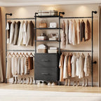 ONBRILL T2 Wall Mounted Industrial Pipe Clothing Rack, Closet Organizers and Storage System with 2 Drawers, 6 Wooden Shelves & 4 Expandable Rods, Heavy Duty Garment Rack, Wardrobe (Black)) - color: Black