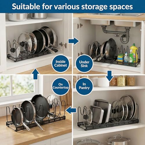 Expandable Pot Rack Organizer for Cabinet, Wave Slot Carbon Steel Pot & Pan Holder with 10 Adjustable Slots, Heavy Duty Cookware Storage for Pans, Lids, Bakeware, Countertop or Under Sink, Black