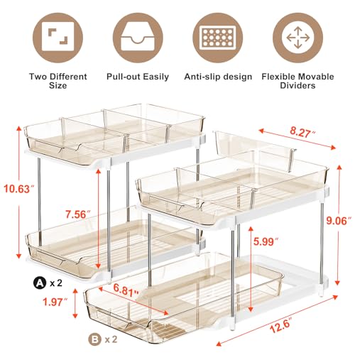 Delamu 2-Tier Multi-Purpose Bathroom Under Sink Organizers and Storage, Stackable Kitchen Pantry Organization, Pull Out Medicine Cabinet Organizer with Movable Dividers, Amber, 4 Pack - color: Amber, size: 4 Pack