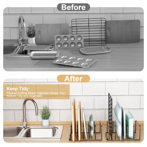 Fikoksol Cutting Board Organizer and Baking Sheet Rack, 1-Pack Black Heavy Duty Metal Cookie Sheet Organizer for Cutting Board Storage & Plate Holder for Cabinet, Tray Dividers for Cabinets - color: 1pc Black