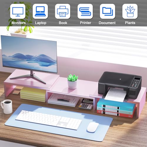 Dual Monitor Stand for Desk, Metal Monitor Riser, Pink office Supplies and Accessories (Pink) - color: Pink