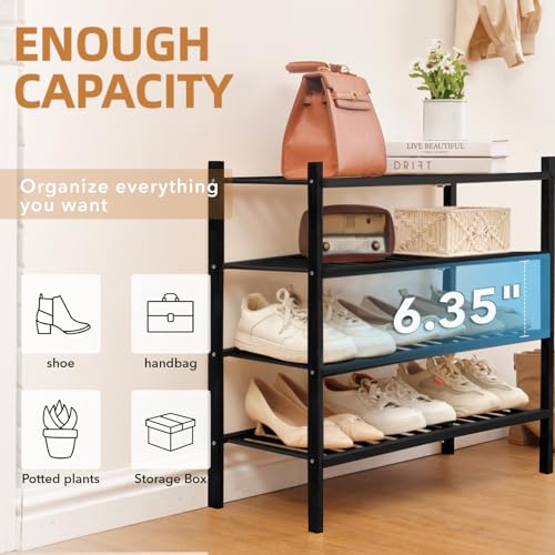 4 Tier Bamboo Shoe Rack Storage Organizer for Closet, Multifunctional Stackable Free Standing Shoe Shelf Organizer for Small Space,Entryway, Hallway, Bathroom27 x11 x26(Black, 4 Tier) - color: Black, size: 4 Tier