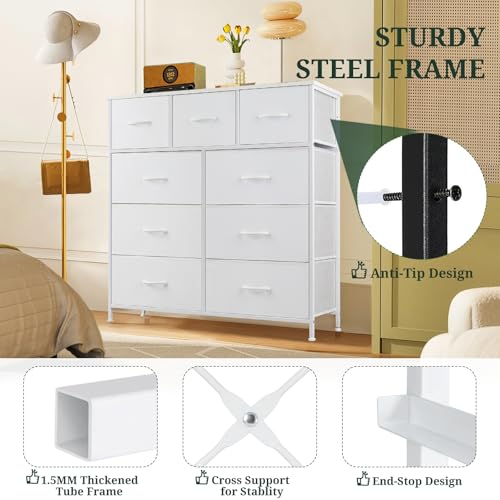 9-Drawer Dresser for Bedroom, Anti-Tip Tall Storage Organizer Chest of Drawers with Wooden Top and Metal Frame Fabric Bins for Closet, Living Room, Hallway, Entryway, White - color: White, size: 11.8"D x 39.4"W x 40"H (9 Drawers)