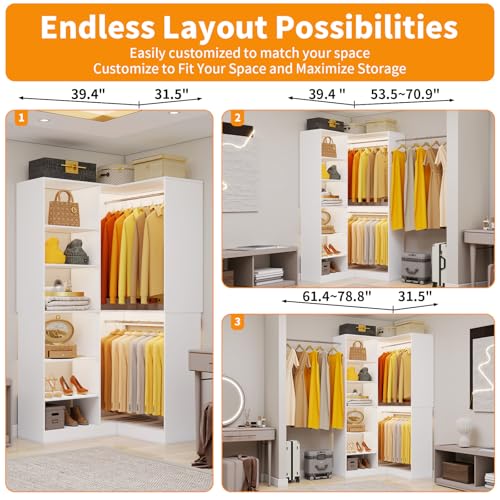 Corner Closet System with 6 Shelves, Custom 39.4"-78.8" Closet Organizer System with 3Hanging Rods, Walk in Corner Closet Organizers and Storage System, Freestanding Closet Storage System Corner,White - color: CL14-White