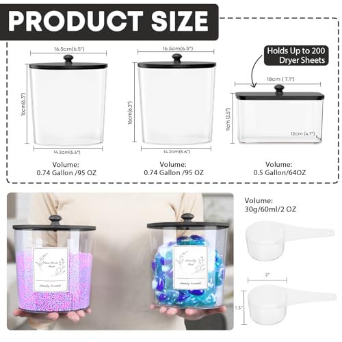 COAZEX 3 Pack Laundry Powder Container & Dryer Sheet Holder, Plastic Laundry Room Organization and Storage Jars with Lids, Labels & Scoops for Powder, Detergent, Scent Booster (Black Lid) - color: A-Clear(Black Lid)