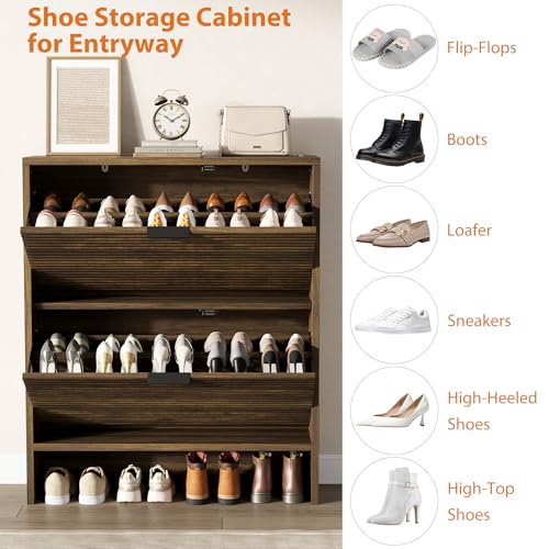 Garvee Shoe Storage Cabinet for Entryway, Fluted Shoe Cabinet with 2 Flip Drawers Doors, 32" Wide Hidden Shoe Rack Tall Freestanding Shoe Organizer for Entrance, Hallway, Living Room, Walnut - color: Walnut, size: 2 Drawers