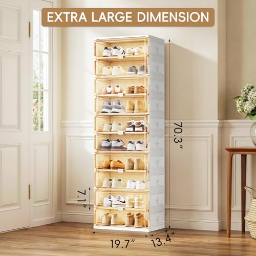 JEKO&JEKO 10 Tiers Foldable Shoe Rack Organizer Cabinet for Closet Entryway, Large Collapsible Shoe Storage Box with Magnetic Doors (White) - color: Single-row, size: 10 Tiers (Standard Tiers Only)