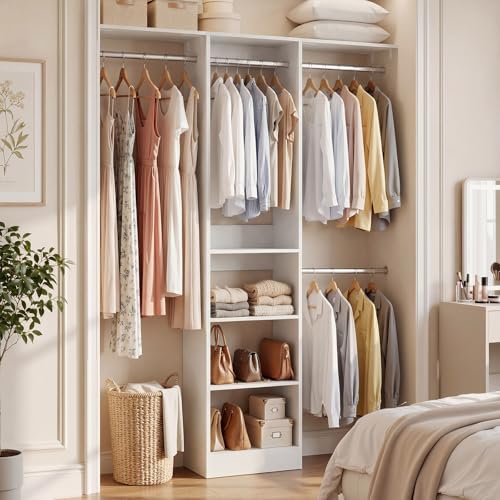 Cyclysio 4FT Small Closet System, 80"H Closet Organizer System with 4 Closets Rods & 3 Shelves, 48" Closets Organizers and Storage for Small Bedrooms, Laundry Rooms, Cloakrooms, White - color: White