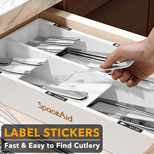 SpaceAid Bamboo Silverware Drawer Organizer with Labels, Kitchen Utensil Tray Holder Organizer for Flatware, Cutlery, Spoon and Knives Drawer Storage Organization (White, 6 Slots) - color: White