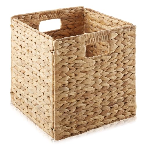 Casafield 10.5" x 10.5" Water Hyacinth Storage Baskets, Natural - Set of 4 Collapsible Cube Organizers, Woven Bins for Bathroom, Bedroom, Laundry, Pantry, Shelves - size: 4-Pack
