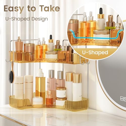 Golden Corner Counter Organizer, 2 - Tier Bathroom & Kitchen Storage Tray with Hooks | PET Vanity Organizer for Skincare, Makeup & Jewelry - color: Gold, size: 2 Tier