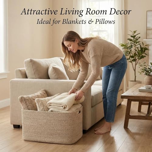 Optish 75L Large Blanket Basket, Woven Storage Baskets with Reinforced Handles, Rope Laundry Basket for Living Room, Bedroom, Nursery, Toys, Clothes,Pillows, 22” x 17” x 11.5”, Brown - color: Brown, size: 22" x 17" x 11.5"(75L)
