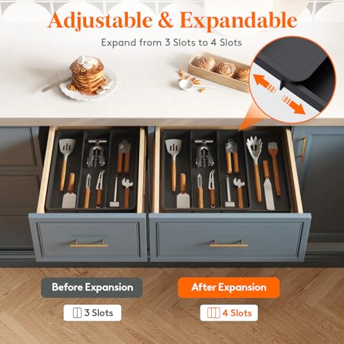 Lifewit Utensil Organizer for Kitchen Drawer, Expandable Cooking Silverware Tray, Adjustable Cutlery Flatware Holder, Plastic Spatula Tools Storage Divider, 17.3 x 15.8", Black - color: Black, size: 17.3*15.8*1.8 inch (4 Slots)