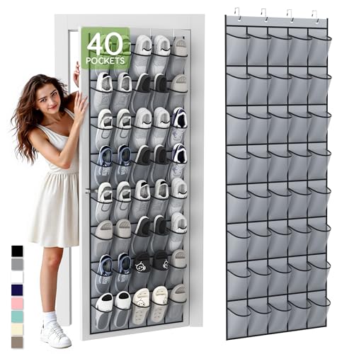 Unjumbly Over the Door Shoe Organizer with 40 Large Breathable Mesh Pockets, Space Saving Shoe Holder, Hanging Shoe Rack for Entryway Bedroom Closet Storage (Grey, 40 Pockets) - color: Grey, size: 40 Pockets