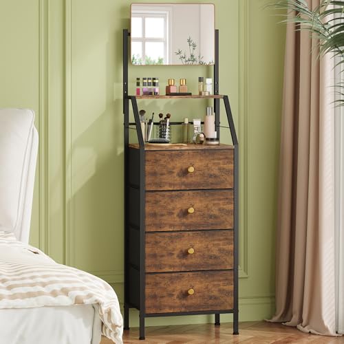 HIGDBFE 4-Drawer Dresser with Mirror, Vanity with 2-Tier Shelves, Fabric Chest of Drawers for Small Space, Vertical Storage Cabinet for Bedroom, Nightstand Bedside Table, Rustic Brown, 15.3" W - color: Rustic Brown