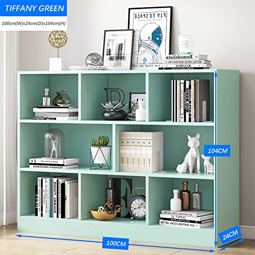 IOTXY Open Shelf Low Bookcase - Wooden 3-Tier Floor Standing Display Cabinet Organizer with Base, 8 Cubes Short Horizontal Bookshelf in Tiffany-Green - color: Tiffany Green, size: 100CM Base
