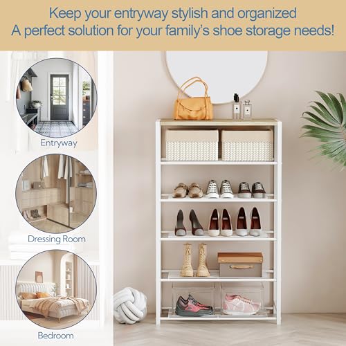 Yusong Shoe Rack Organizer, 6 Tier Industrial Shoe Storage Shelf, Narrow Sturdy Metal Shoe Shelves for Closet Entryway, White - color: White, size: 6 Tier