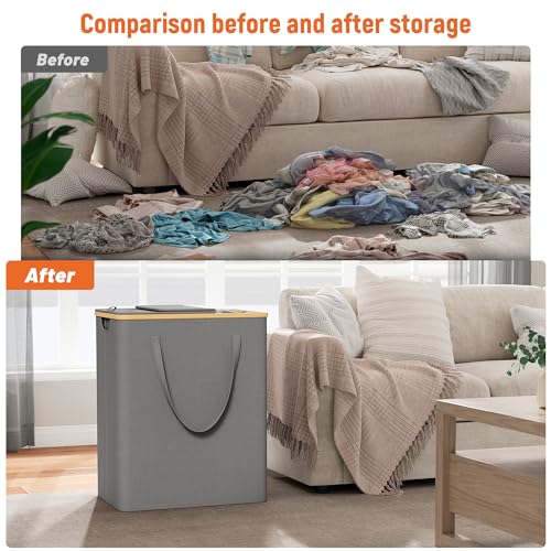 160L Double Laundry Hamper with Lid 2 Section, Large Bamboo Laundry Basket with 2 Removable Bags, Clothes Hampers for Laundry for Bedroom, Bathroom, Dorm, Laundry Room, Grey - color: Grey, size: 160L