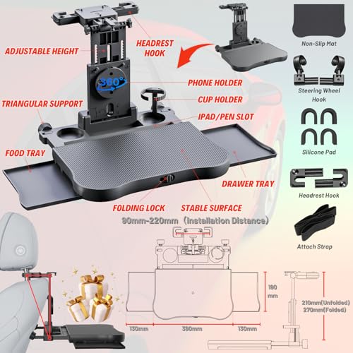 Large Foldable Backseat Tray Table, Car Laptop Desk with Cup Holder, Back Headrest Passenger Food Tray, Phone Tablet Holder, Multifunctional Travel Desk, Car Essentials for Kids & Long Road Trips - style: Car Seat Table Tray