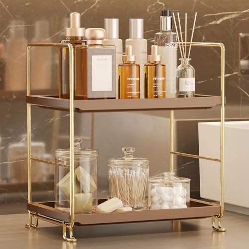 FSyueyun 2-Tier Bathroom Countertop Organizer,Bathroom Organizers and Storage with Tool-Less Installation, Premium Plastics for Makeup, Perfume, Skincare on Dresser Vanity Tray (Gold & Brown) - color: Gold & Brown