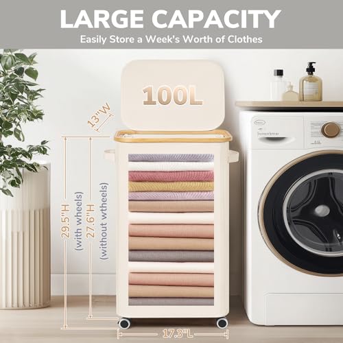 Goodpick Laundry Basket with Wheels, Large Laundry Hamper with Lid 100L Clothes Hamper with Removable Laundry Bag Collapsible Dirty Clothes Basket for Laundry Room, Bedroom, Beige - color: Beige, size: 100L (17.3"L x 13"W x 29.5"H)