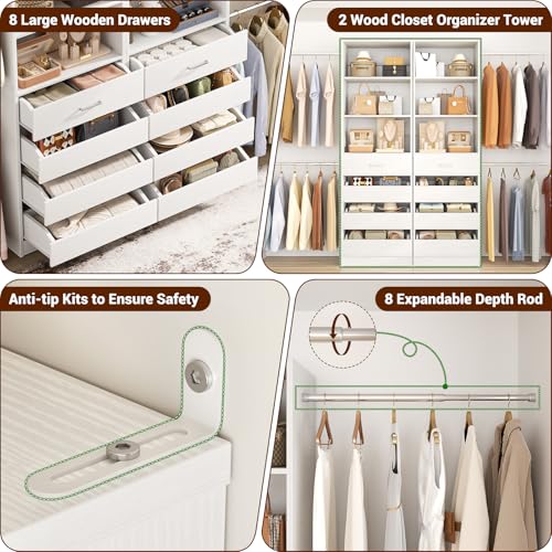 Aheaplus Closet System Set of 2, 4-9Ft Wood Closet Organizer with Drawers & Shelves, Closet Organizer System with 8 Hanging Rods, Walk-in Closets Organizer Wardrobe Closet Rack, White - color: White-2Sets