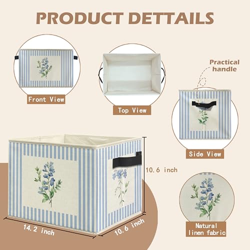 Blue Striped Floral Storage Bin Box with Handles, Rustic Blue Flower Botanical Foldable Linen Fabric Laundry Basket for Home Bedroom Bathroom Girls Room Clothes Toys Books - color: Floral-A