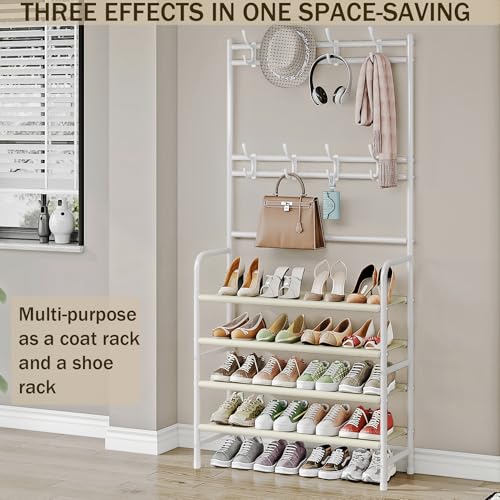 Coat Rack Shoe Rack With Storage Shelf Freestanding with 8 Hooks for Entryway Bedroom Closet (White, 4Tiers) - color: White