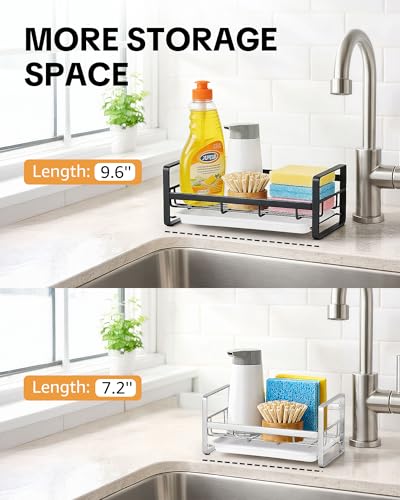 HULISEN Large Sponge Holder, 304 Stainless Steel Kitchen Soap Dispenser Caddy Organizer, Countertop Soap Dish Rack Drainer with Removable Drain Tray, not Including Dispenser and Brush, Black - color: Black, size: Large