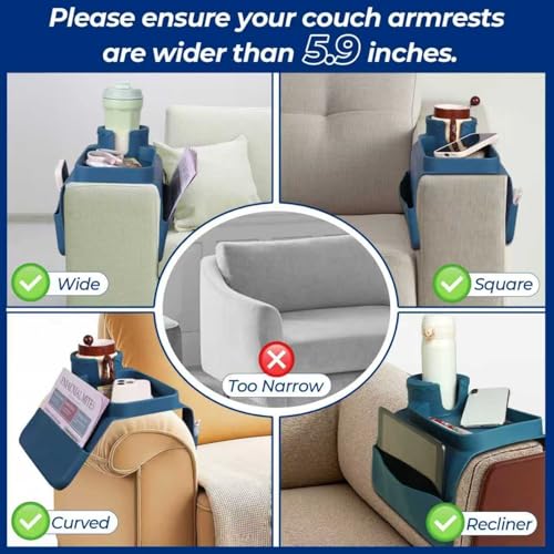 Silicone Couch Cup Holder Tray, 3-Side Sofa Armrest Organizer with Secure Gear-Shaped Locking Holder & Large Tablet Slot, Non-Slip Weighted Armchair Caddy, Couch Accessories (Navy Blue) - color: Navy Blue