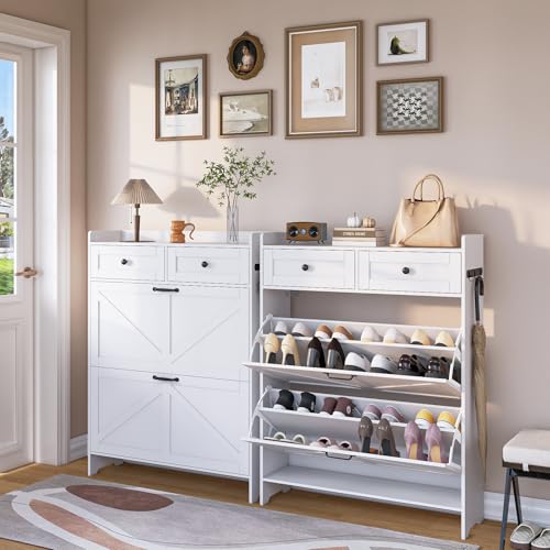 Viaozutis Shoe Cabinet with 2 Flip Drawers & 2 Storage Drawers, Space-Saving Shoe Storage Cabinet with Adjustable Shelf for Entryway or Hallway, Farmhouse Shoe Organizer Holds Up to 20 Pairs White