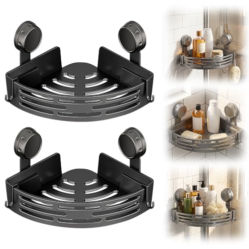 Triangle Suction Cup Corner Shelves, 2026 Upgraded No Drilling Bathroom Storage Rack with Hooks, Waterproof Shower Organizer for Bathroom, Corner Shelves for Shower (Black, 2 PCS) - color: Black, size: 2 PCS