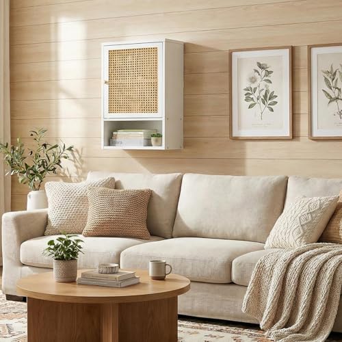 Takywep Bathroom Wall Cabinet, White Bamboo with Rattan Doors Adjustable Shelf Wall Mounted, Over Toilet Storage Organizer, Wooden Medicine Cabinet for Bathroom, Kitchen, Laundry, Living Room - color: White