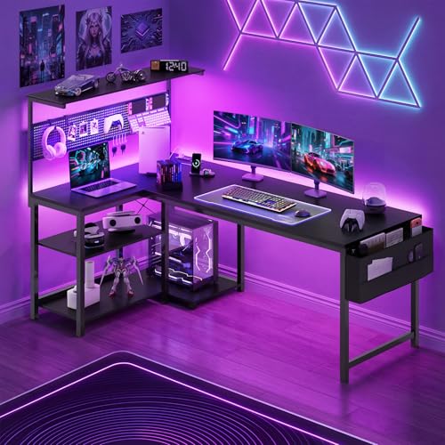 Apicizon L Shaped Desk Gaming Desk with LED Light & Power Outlet, 55 Inch Reversible Computer Desk with Pegboard & Shelf & Storage Bag for Home Office, Black - color: Black, size: 55 in