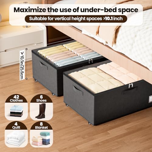 Dayacoco Underbed Storage with Wheels, 2 Pack Under Bed Storage Containers with Clear Lids, No Assembly Required 10.1 inch Rolling Under Bed Storage for Clothes, Blankets - size: 10.1 inch height-black